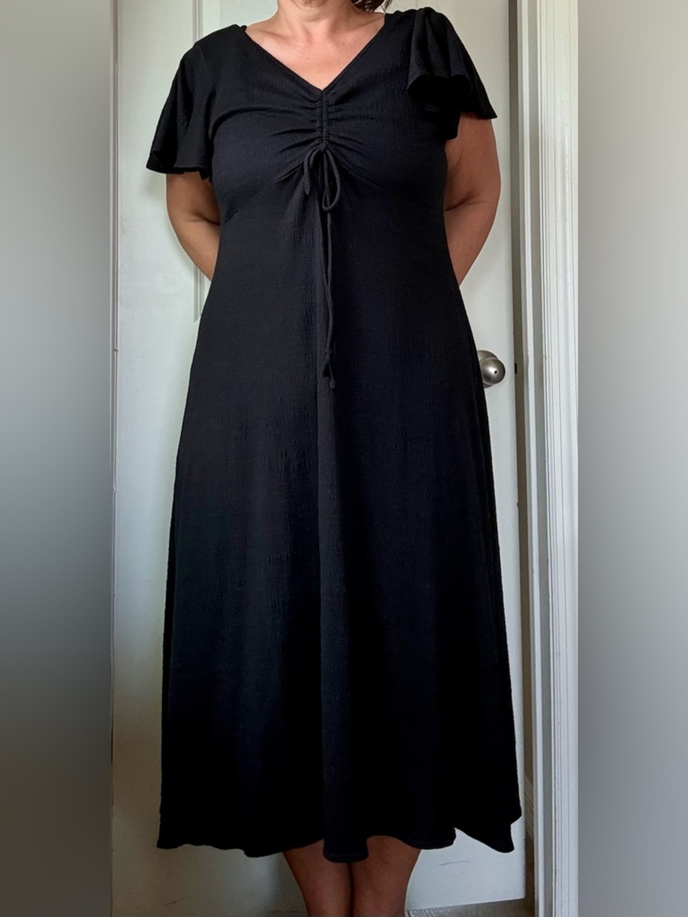 Max Studio Black V-Neck Ruched Front Midi Dress